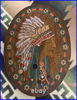 Flemish Art Co Native American Chief And Maid Pyrography Embellished Plaques