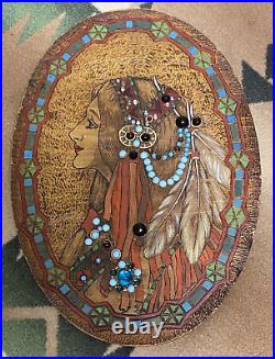 Flemish Art Co Native American Chief And Maid Pyrography Embellished Plaques