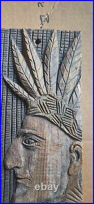 Folk Art Carved Indian Chief Native American Panel Maybe Old Advertising Piece