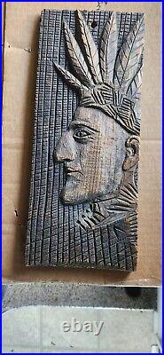 Folk Art Carved Indian Chief Native American Panel Maybe Old Advertising Piece