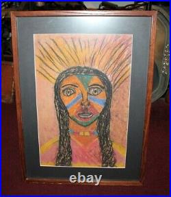 Folk Art Drawing Painting Native American Indian Colorful Framed