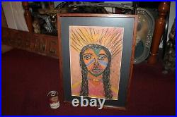 Folk Art Drawing Painting Native American Indian Colorful Framed
