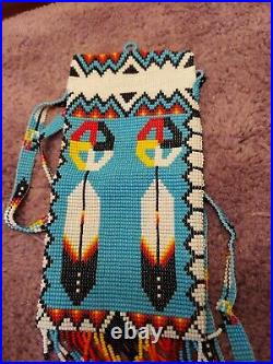 Fully Beaded Neck Pouch, Four Directions, feathers