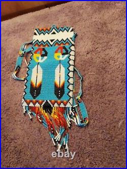 Fully Beaded Neck Pouch, Four Directions, feathers