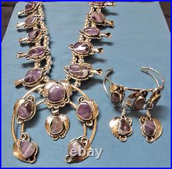 GIANT Amethyst Silver Squash Blossom Necklace /w Bracelet and Earrings