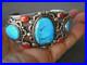 HEAVY Southwestern Native American Turquoise Coral Sterling Silver Cuff Bracelet