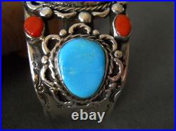 HEAVY Southwestern Native American Turquoise Coral Sterling Silver Cuff Bracelet