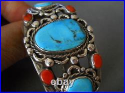 HEAVY Southwestern Native American Turquoise Coral Sterling Silver Cuff Bracelet