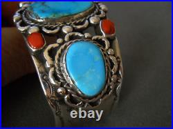 HEAVY Southwestern Native American Turquoise Coral Sterling Silver Cuff Bracelet