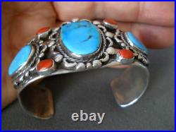 HEAVY Southwestern Native American Turquoise Coral Sterling Silver Cuff Bracelet