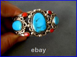 HEAVY Southwestern Native American Turquoise Coral Sterling Silver Cuff Bracelet
