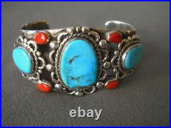 HEAVY Southwestern Native American Turquoise Coral Sterling Silver Cuff Bracelet