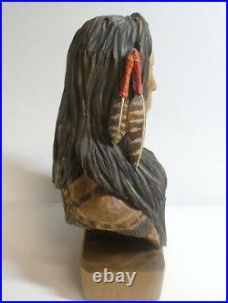Hand Carved JOE PERKINS Painted Wood Native American Indian Man Bust Sculpture