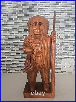 Hand Carved Wooden Native American Indian Chief Statue Folk Art 20 tall