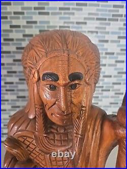 Hand Carved Wooden Native American Indian Chief Statue Folk Art 20 tall