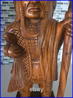 Hand Carved Wooden Native American Indian Chief Statue Folk Art 20 tall