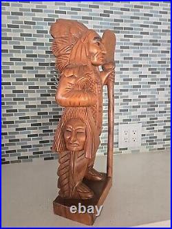 Hand Carved Wooden Native American Indian Chief Statue Folk Art 20 tall