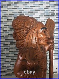 Hand Carved Wooden Native American Indian Chief Statue Folk Art 20 tall