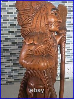 Hand Carved Wooden Native American Indian Chief Statue Folk Art 20 tall