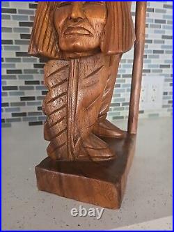 Hand Carved Wooden Native American Indian Chief Statue Folk Art 20 tall