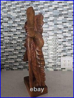 Hand Carved Wooden Native American Indian Chief Statue Folk Art 20 tall