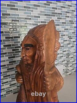 Hand Carved Wooden Native American Indian Chief Statue Folk Art 20 tall