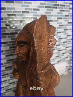 Hand Carved Wooden Native American Indian Chief Statue Folk Art 20 tall