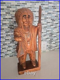 Hand Carved Wooden Native American Indian Chief Statue Folk Art 20 tall