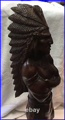 Hand Carved Wooden Native American Indian Chief Statue Folk Art 24 tall
