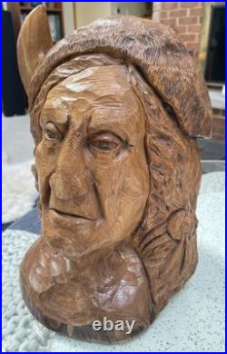 Hand Chainsaw Carved Wood Native American Indian Bust Sculpture Signed HMS 10 Lb