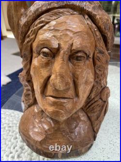 Hand Chainsaw Carved Wood Native American Indian Bust Sculpture Signed HMS 10 Lb