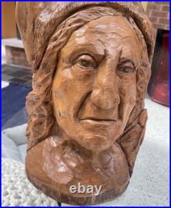 Hand Chainsaw Carved Wood Native American Indian Bust Sculpture Signed HMS 10 Lb