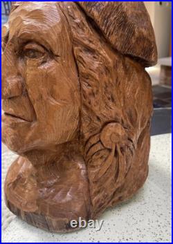 Hand Chainsaw Carved Wood Native American Indian Bust Sculpture Signed HMS 10 Lb