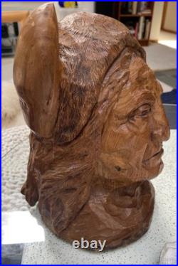 Hand Chainsaw Carved Wood Native American Indian Bust Sculpture Signed HMS 10 Lb