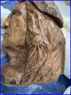 Hand Chainsaw Carved Wood Native American Indian Bust Sculpture Signed HMS 10 Lb