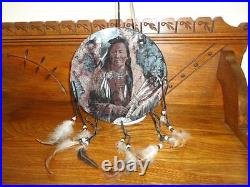 Hand Painted Native American Indian with Wolf DREAM CATCHER Velvet w Feathers