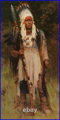 Hand Painted Painting Warrior Long Spear Standing Chief Native American Indian