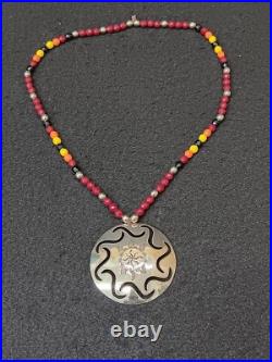 Hand Stamped Signed German Silver Rosette Beaded Native American Indian Necklace