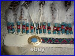 Hand made Native American Indian headdress bonett feathers leathers gold accent