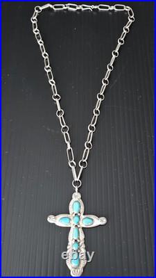 Horace Iule Zuni Spectacular Sterling Silver Turquoise Cross Necklace 49 Grams