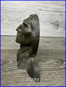 Indian Chief Native American Bronze Bust Plaque Bookend Antique 7.25x5.25