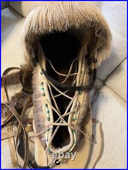 Indian Native American Canopy Papoose Cradle Board Leather Fur Hair Turquoise