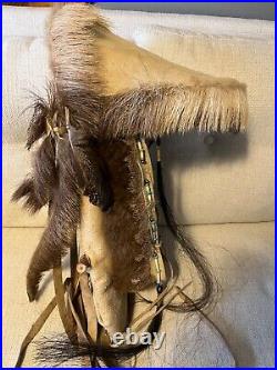 Indian Native American Canopy Papoose Cradle Board Leather Fur Hair Turquoise