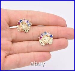 Infantry Native American Indian Rainbow Stud Earrings Real Solid 10K Yellow Gold
