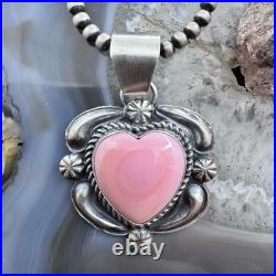 Jeff James Native American Sterling Silver Pink Conch Decorated Heart Pendant