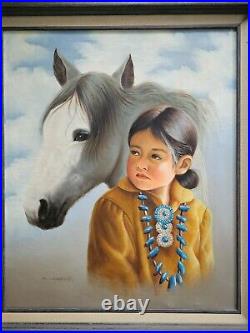 K. WESSER Original Oil Painting Young Girl Native American Indian Horse Portrait