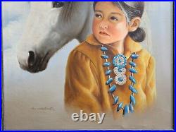 K. WESSER Original Oil Painting Young Girl Native American Indian Horse Portrait
