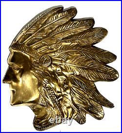 LARGE VINTAGE NATIVE AMERICAN INDIAN HEAD BRASS WALL PLAQUE 14x14