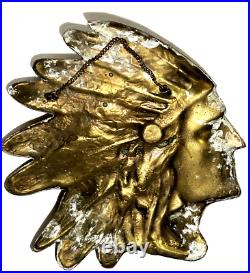 LARGE VINTAGE NATIVE AMERICAN INDIAN HEAD BRASS WALL PLAQUE 14x14