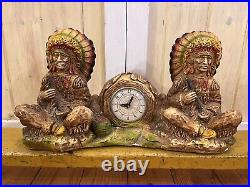 Lanshire Chalkware Electric Clock Indian Native American Chiefs Working Orig Tag